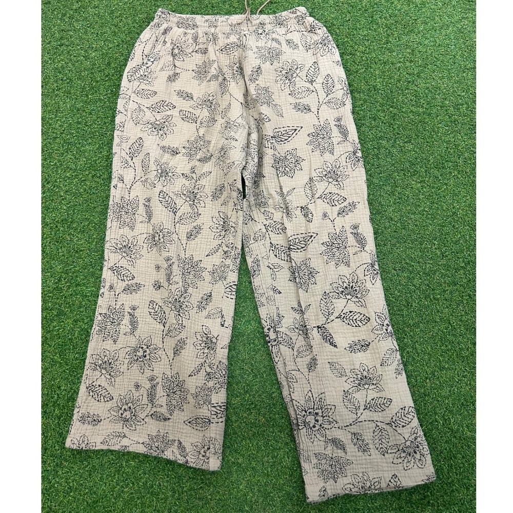 Royalty For Me Gauze Wide Leg Floral Print Tassel Drawstring Pants Tan Medium
